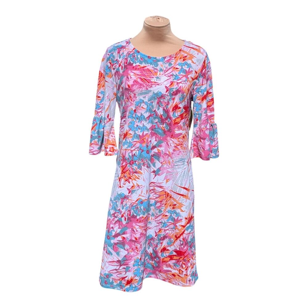 Alexandra + Oak Tropical Shift Dress Pink Floral Abstract Art Bell Sleeve Medium